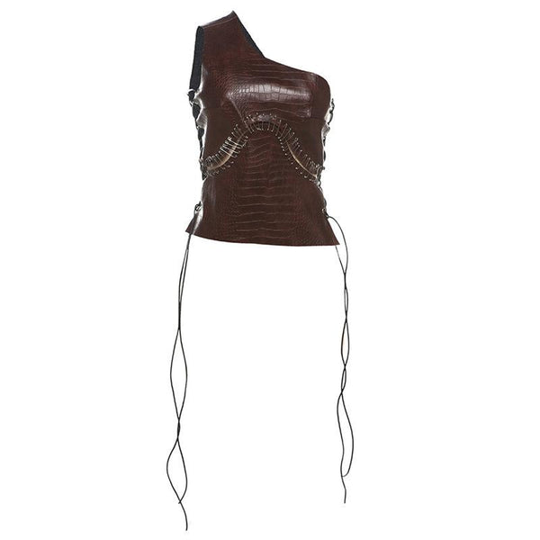 Haut asymétrique en cuir PU à lacets et découpes irrégulières 