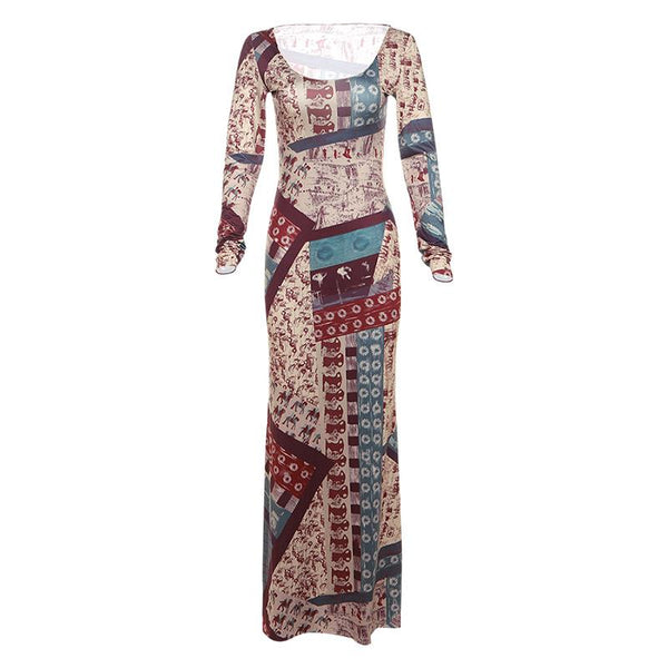 Robe longue à manches longues et imprimé abstrait 