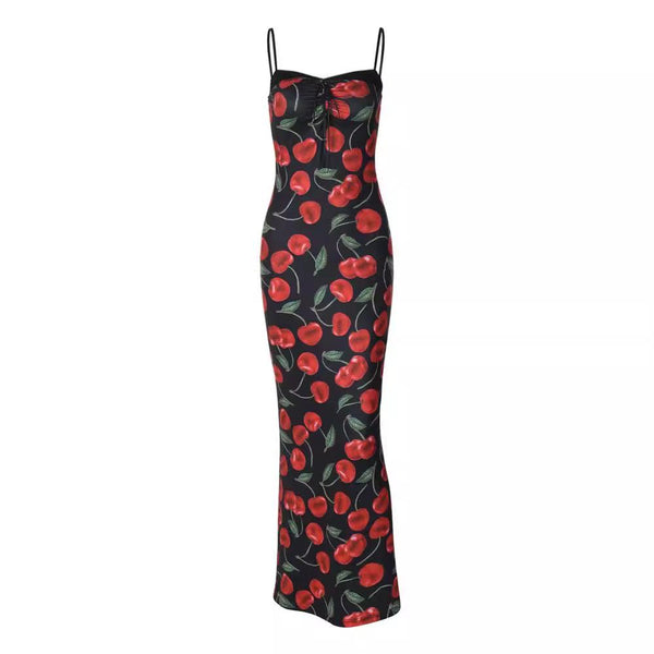 Robe longue camisole nouée à ourlet en dentelle à imprimé fruit 