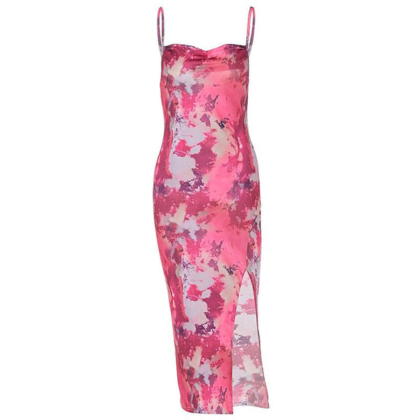 Robe midi fendue à imprimé froncé et col bénitier 