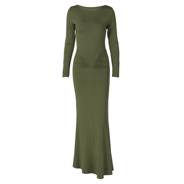 Robe longue froncée à manches longues et col ras du cou | Robe tango rouge 