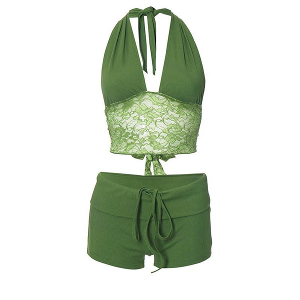 Ensemble pantalon court côtelé avec cordon de serrage et ourlet en dentelle licou 