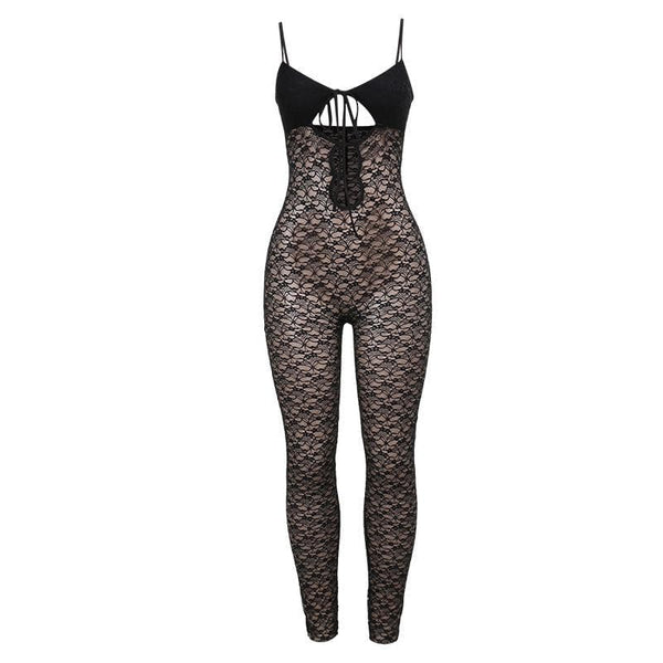 Combinaison camisole en dentelle unie ajourée à col en V 