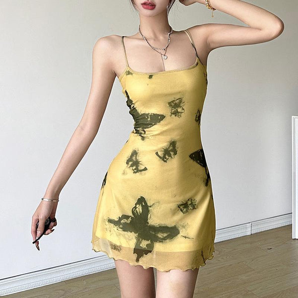 Mini-robe à volants, dos croisé, col carré, imprimé papillon 