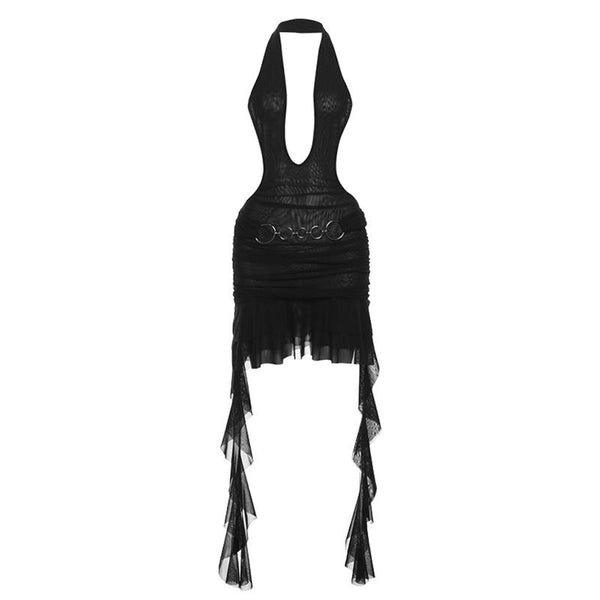 Robe mini en maille transparente à volants et anneau en O | Robe Samba 