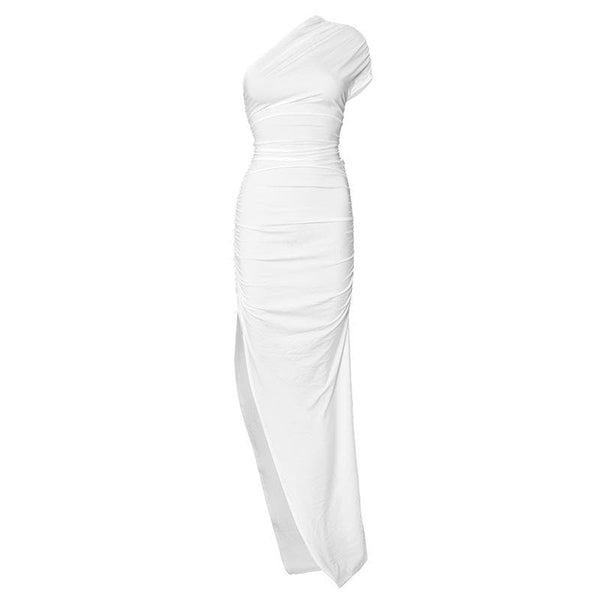 Robe longue froncée à manches courtes et fente asymétrique 
