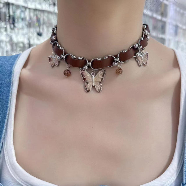Collier ras du cou en cuir PU avec pendentif papillon