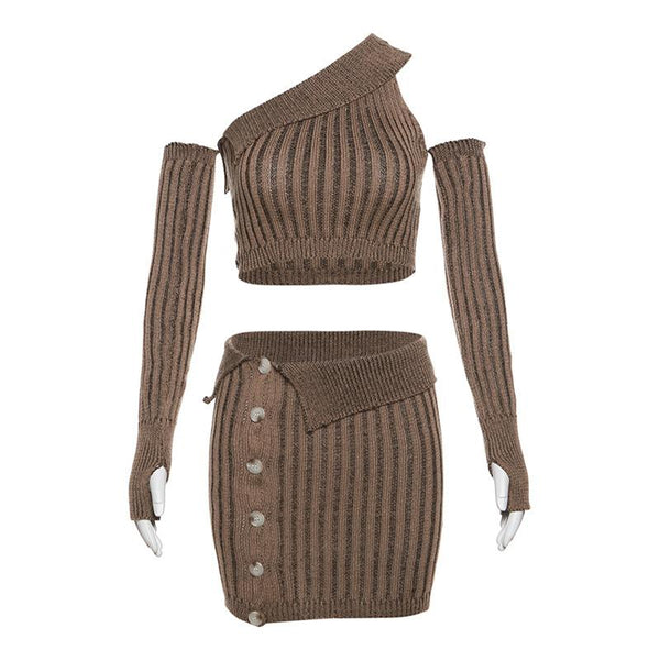 Ensemble mini-jupe tricotée à boutons et gants à une épaule 