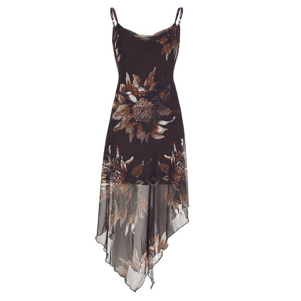 Robe midi en maille irrégulière à imprimé fleuri et col bénitier 