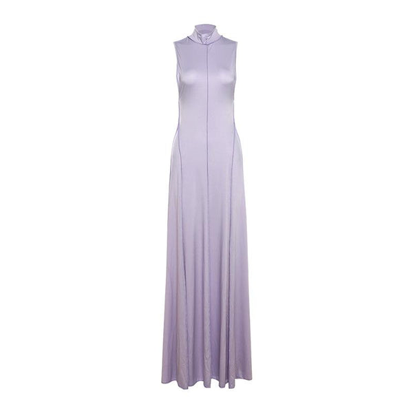 Robe longue unie à col montant et dos nu 