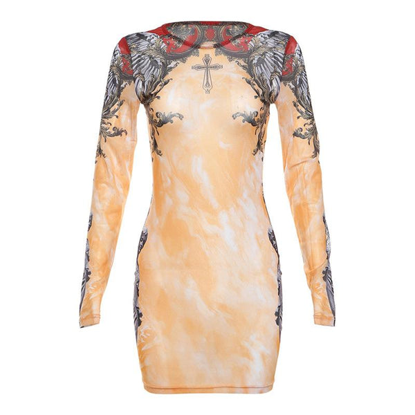 Robe courte à manches longues et col ras du cou en maille transparente imprimée | Robe Samba 