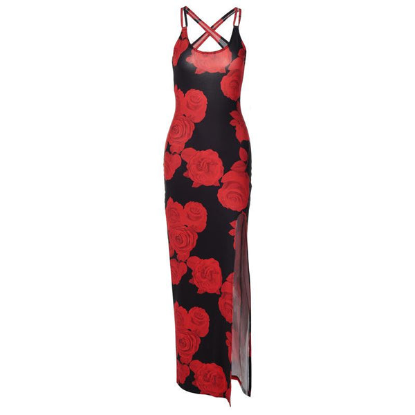 Robe longue à imprimé rose, col en U, fente dans le dos et dos croisé | robe tango rouge 