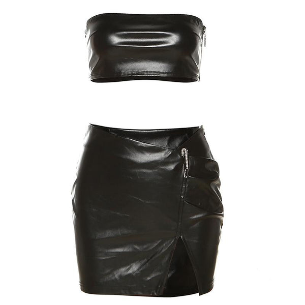 Ensemble short et pantalon tube zippé en cuir PU 