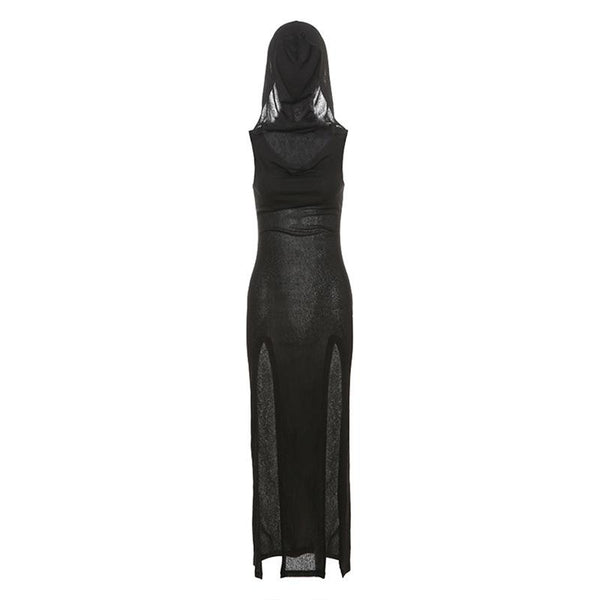 Robe longue à capuche sans manches avec ceinture fendue 
