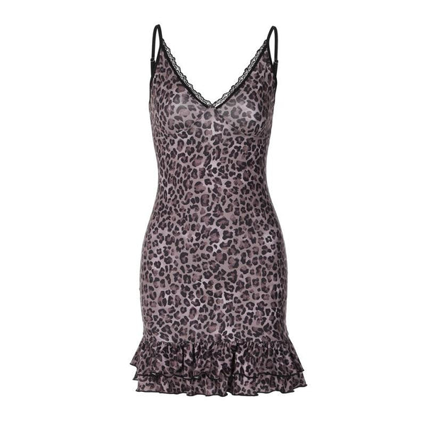 Mini-robe camisole à volants et col en V, imprimé léopard, ourlet en dentelle 