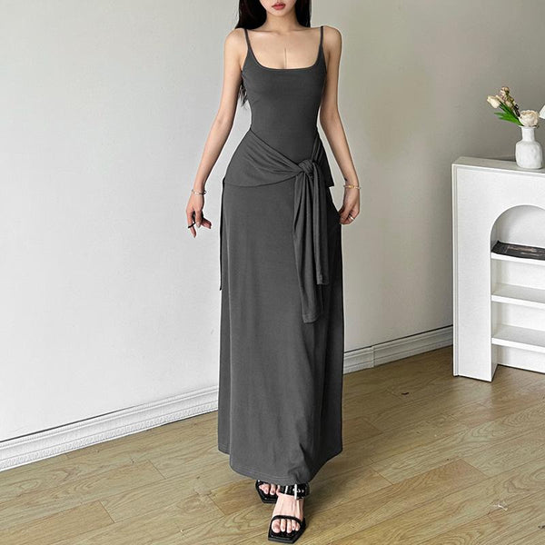 Robe longue camisole unie à col en U et dos nu 