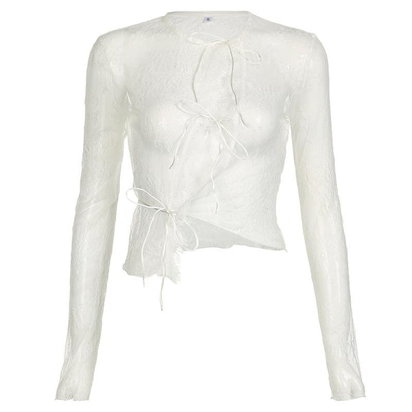 Haut à manches longues en dentelle transparente à nouer soi-même 