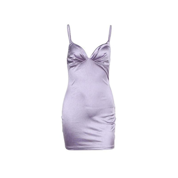 Mini-robe camisole unie froncée en satin à col en V 