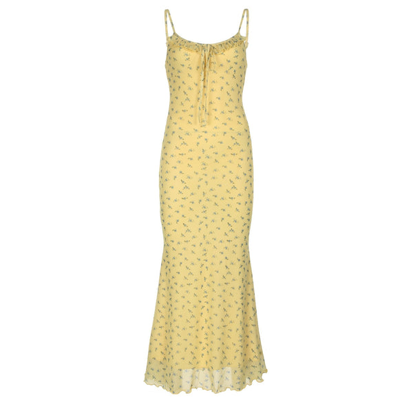 Robe longue camisole à col en U et volants en maille à imprimé floral 
