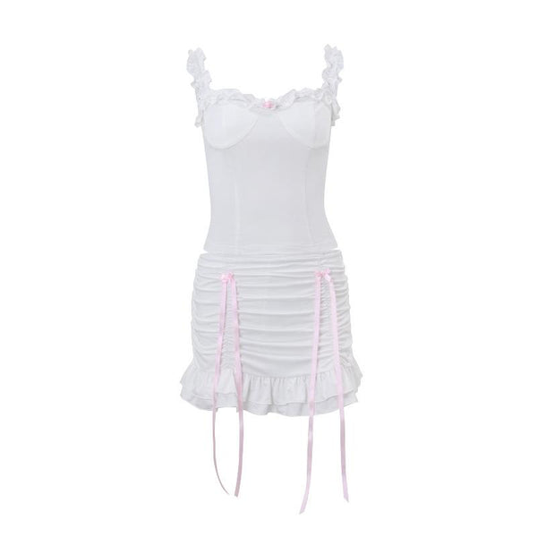 Ensemble jupe camisole à volants et nœud papillon froncé 