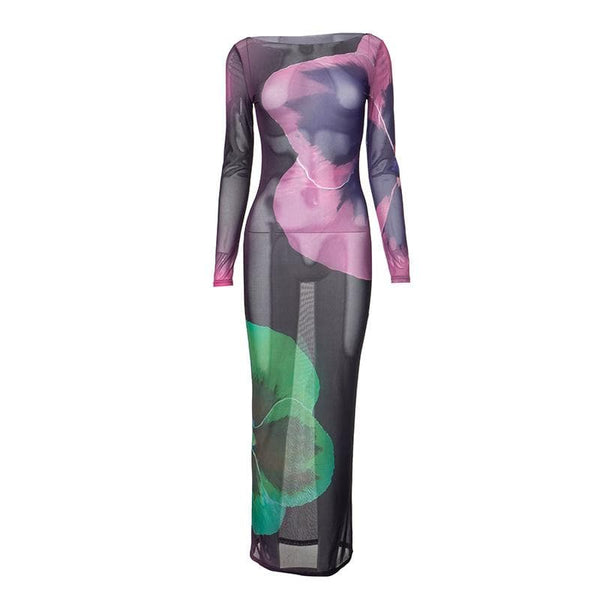 Robe longue à manches longues et col ras du cou en maille transparente | Robe Samba 