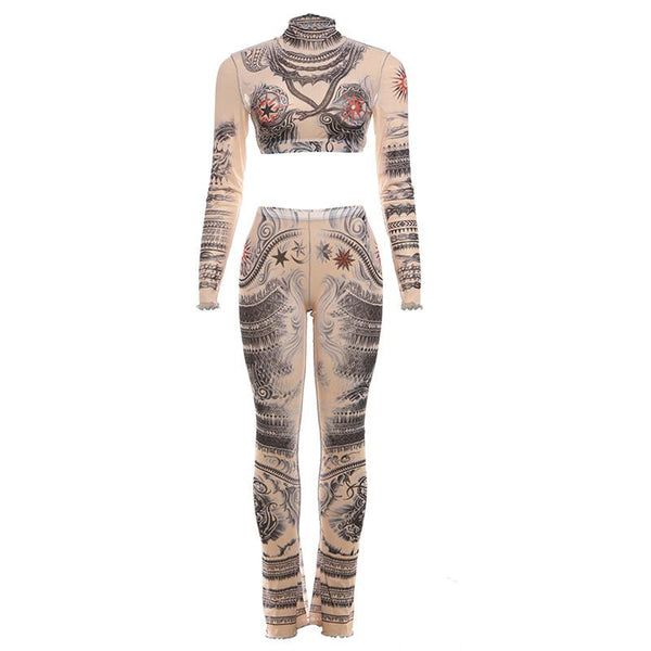 Ensemble pantalon court en maille transparente à manches longues et col haut à volants 