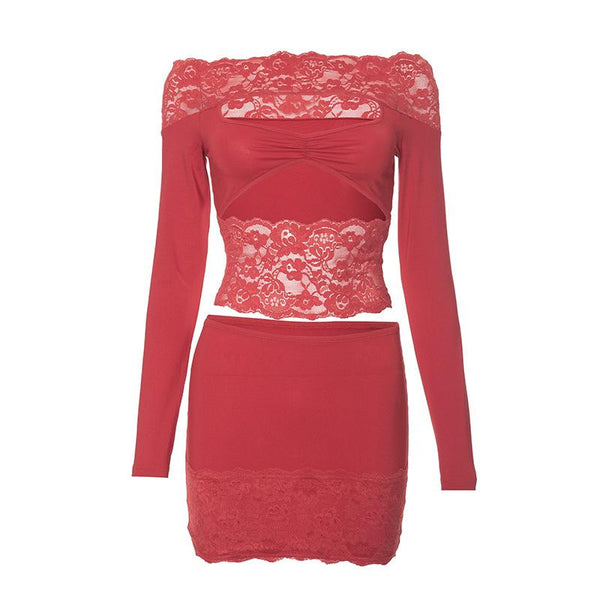 Ensemble mini-jupe ajourée en patchwork de dentelle à manches longues et épaules dénudées 