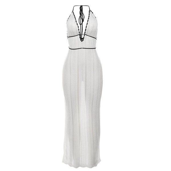 Robe longue en tricot à col en V et dos nu avec lien à nouer 