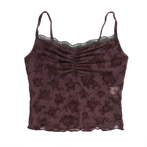 Haut caraco en maille à motif floral froncé avec ourlet en dentelle 