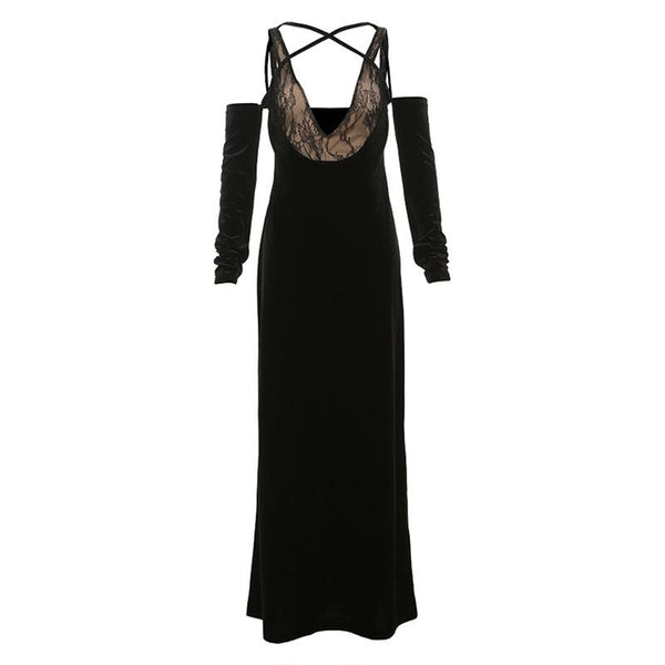 Robe longue camisole en velours à épaules dénudées et col en V avec ourlet en dentelle 