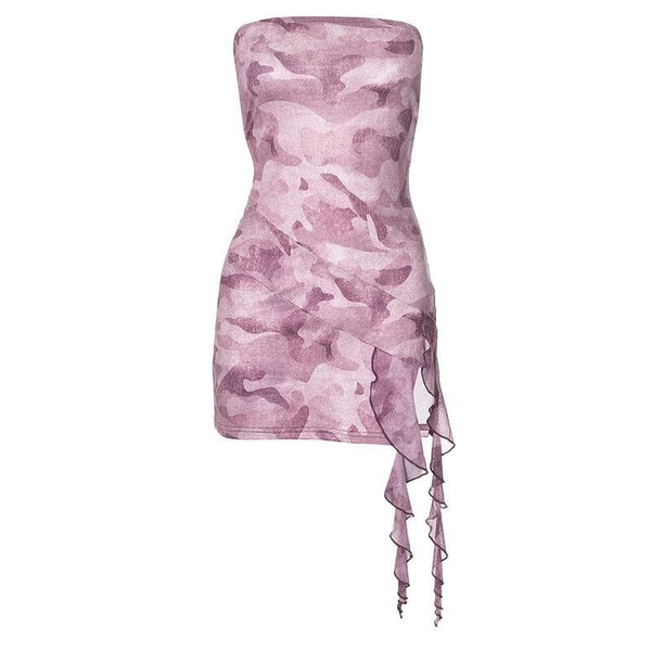 Mini-robe tube dos nu contrastée en maille imprimée à volants 