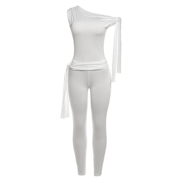 Ensemble pantalon taille haute uni irrégulier à une épaule et à nouer soi-même 