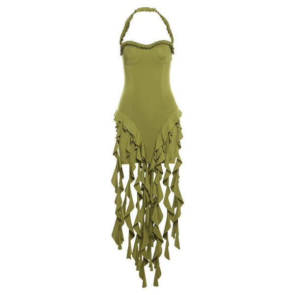 Robe midi unie à volants et col en cœur 