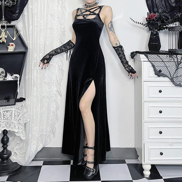 Robe longue camisole en velours à fente haute et motif pentacle avec boucle 