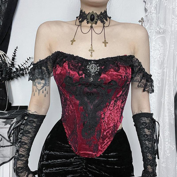 Haut caraco corset en velours avec ourlet en dentelle 