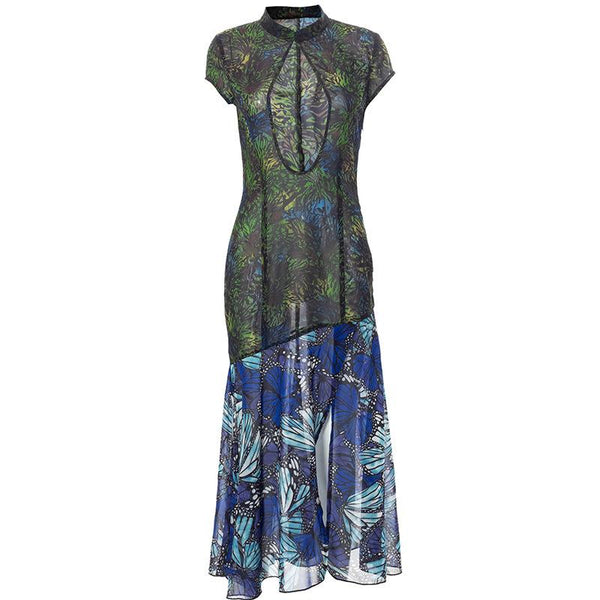 Robe midi transparente à manches courtes et fentes ajourées avec imprimé papillon 