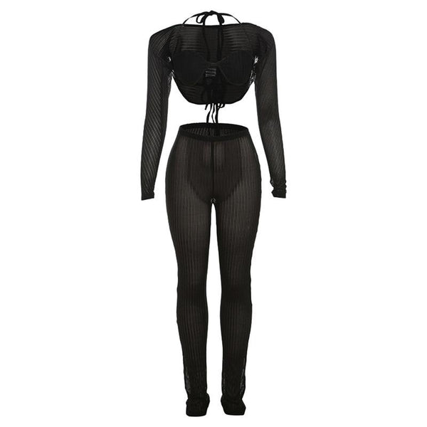 Ensemble pantalon transparent texturé avec haussement d'épaules et licou 