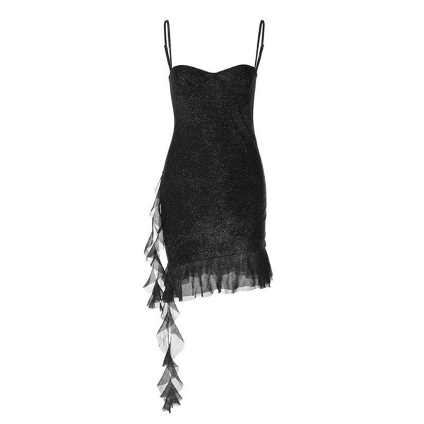 Mini-robe camisole à volants pailletés et col en cœur 