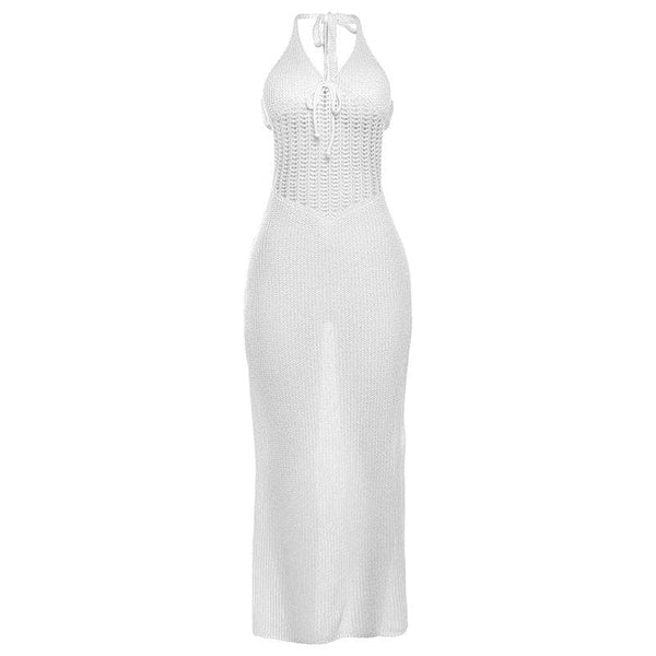 Robe longue en tricot ajourée transparente à découpes et dos nu 