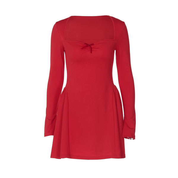 Robe mini froncée unie à manches longues et nœud papillon | Robe tango rouge 