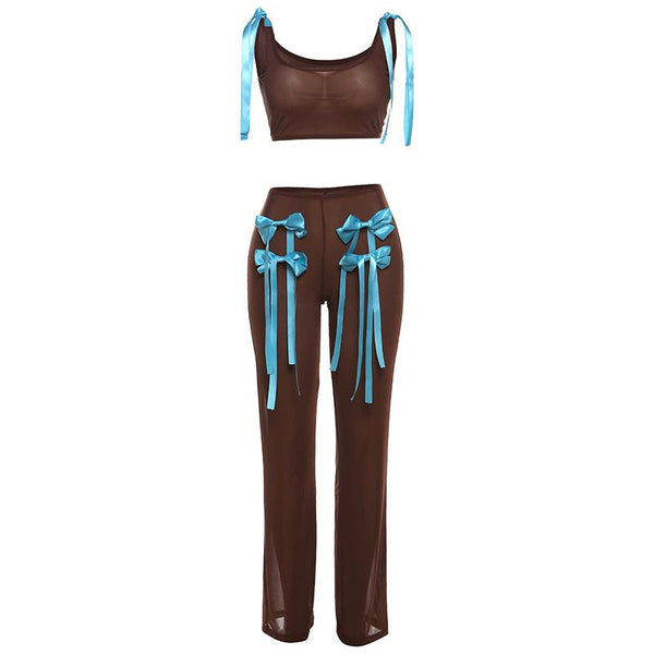 Ensemble débardeur et pantalon à nouer en maille transparente avec appliques à nœud papillon 