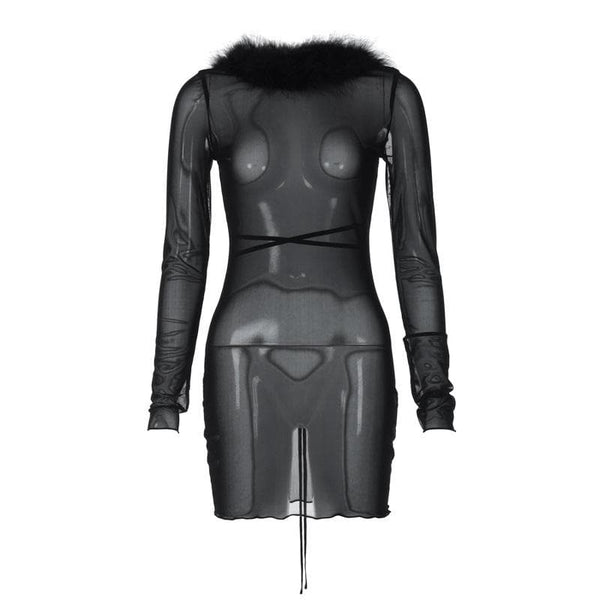 Robe courte dos nu à volants et manches longues en maille transparente | Robe Samba 
