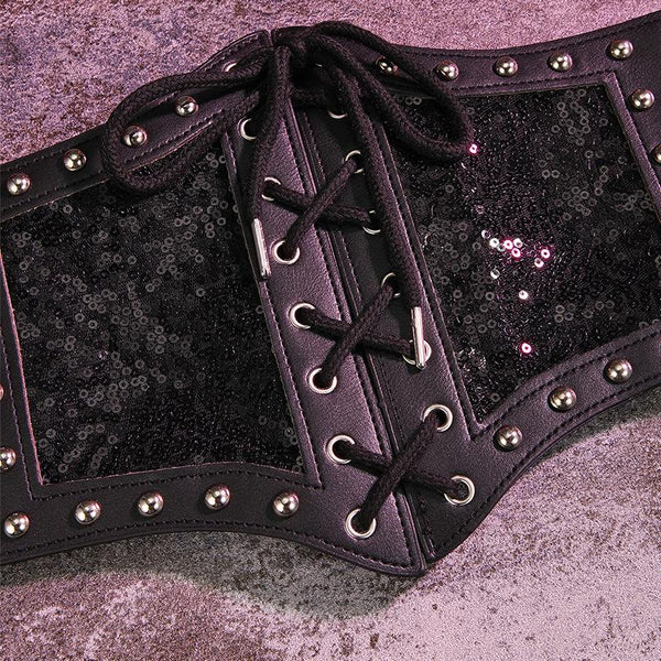 Corset à lacets et boutons pailletés et rivets