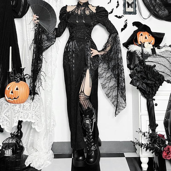 Robe longue fendue à lacets et manches bouffantes 