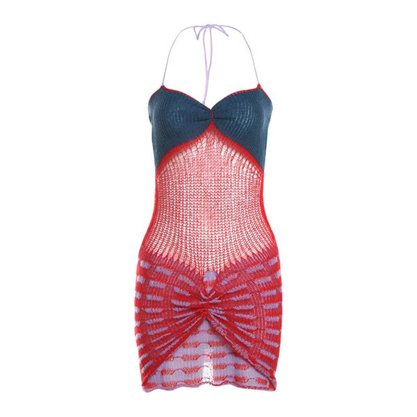 Robe mini en maille froncée à col licou et ajourée | robe tango rouge 