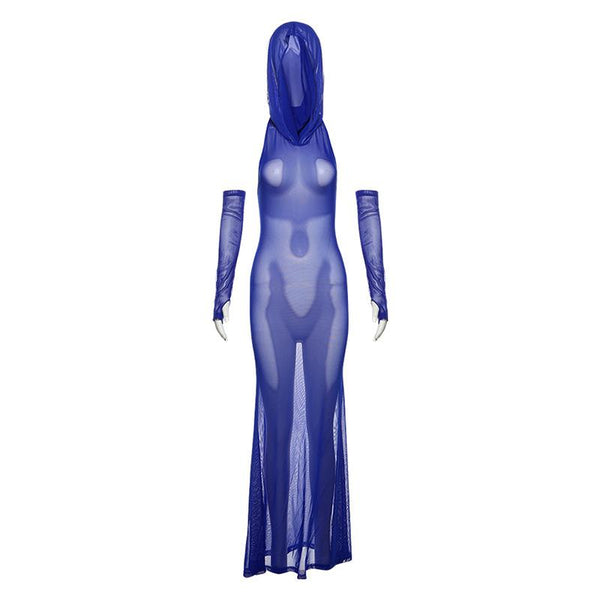 Robe longue transparente à dos nu avec gants à capuche et maille 