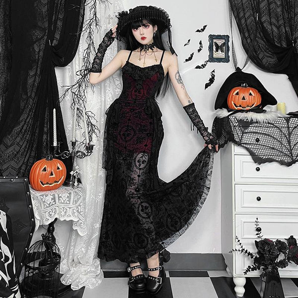Robe longue camisole en maille à volants et col en V | Robe tango rouge