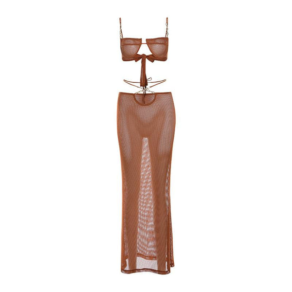 Ensemble jupe longue camisole ajourée avec nœud papillon transparent 