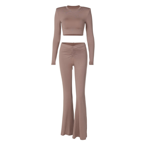 Ensemble pantalon froncé rembourré à manches longues et col ras du cou 