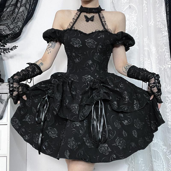 Mini-robe en dentelle à manches courtes et épaules dénudées avec motif papillon et fleurs 